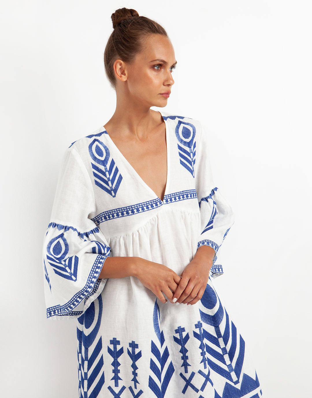 Greek Archaic Kori Feather Mini Dress - White and Blue - Simply Beach UK