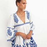 Greek Archaic Kori Feather Mini Dress - White and Blue - Simply Beach UK