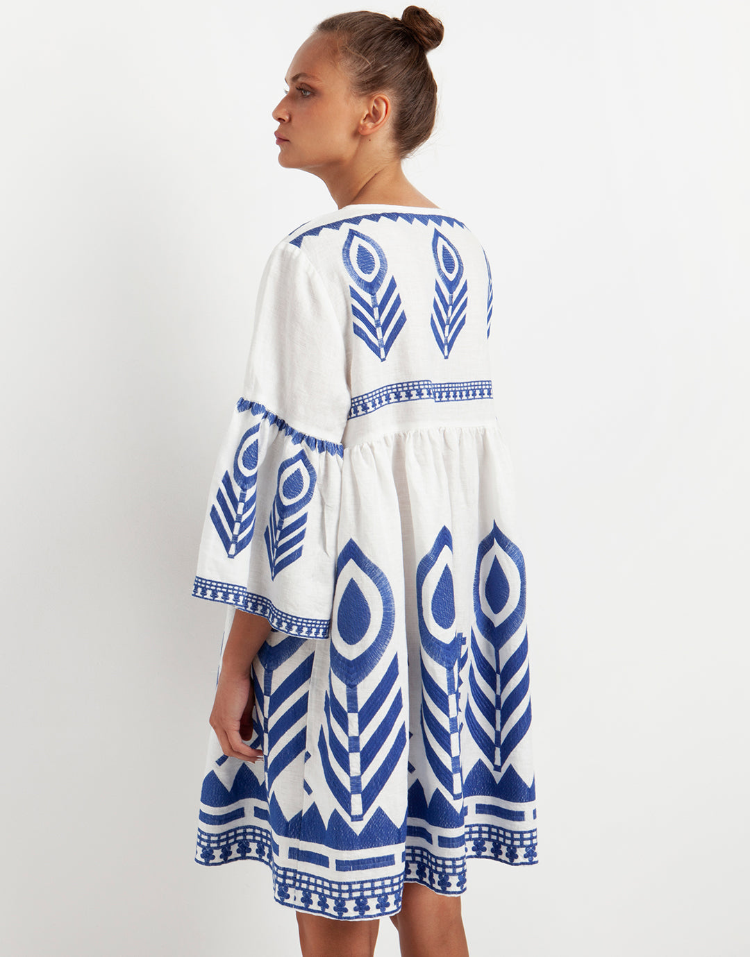 Greek Archaic Kori Feather Mini Dress - White and Blue - Simply Beach UK