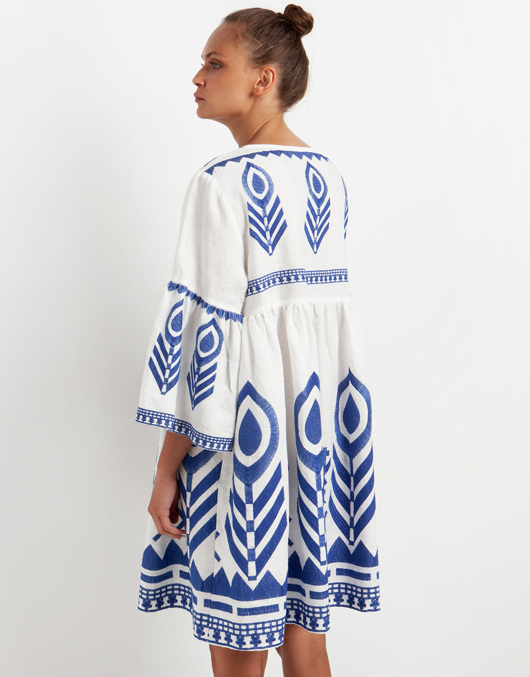 Greek Archaic Kori Feather Mini Dress - White and Blue - Simply Beach UK