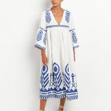 Feather Bell Sleeve Kaftan - White and Blue