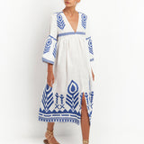 Feather Bell Sleeve Kaftan - White and Blue
