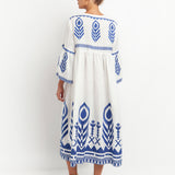 Feather Bell Sleeve Kaftan - White and Blue