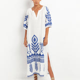Greek Archaic Kori Feather Kaftan Dress - White and Blue - Simply Beach UK