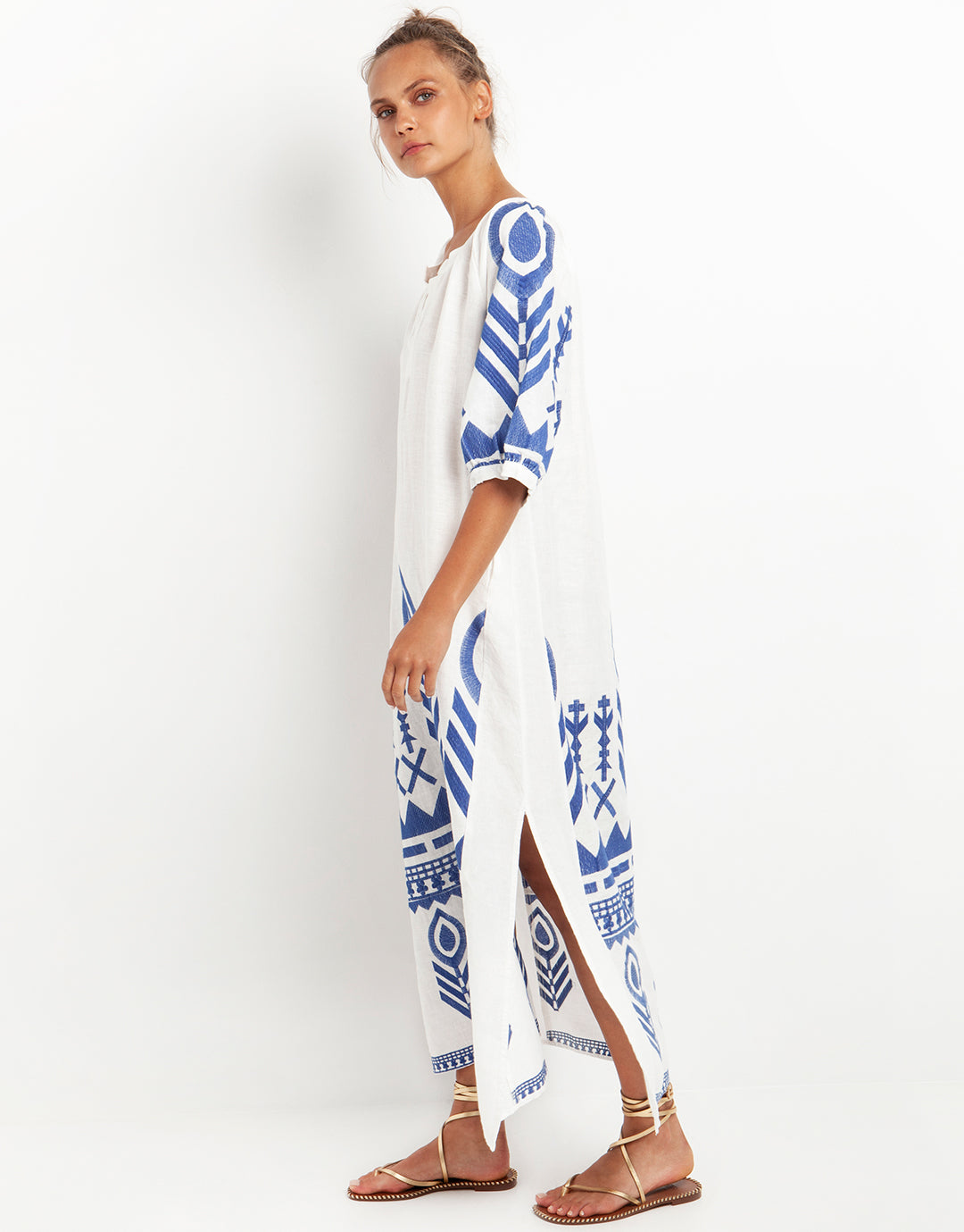Greek Archaic Kori Feather Kaftan Dress - White and Blue - Simply Beach UK