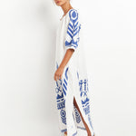 Greek Archaic Kori Feather Kaftan Dress - White and Blue - Simply Beach UK