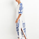 Greek Archaic Kori Feather Kaftan Dress - White and Blue - Simply Beach UK