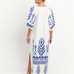 Greek Archaic Kori Feather Kaftan Dress - White and Blue - Simply Beach UK