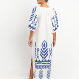 Greek Archaic Kori Feather Kaftan Dress - White and Blue - Simply Beach UK