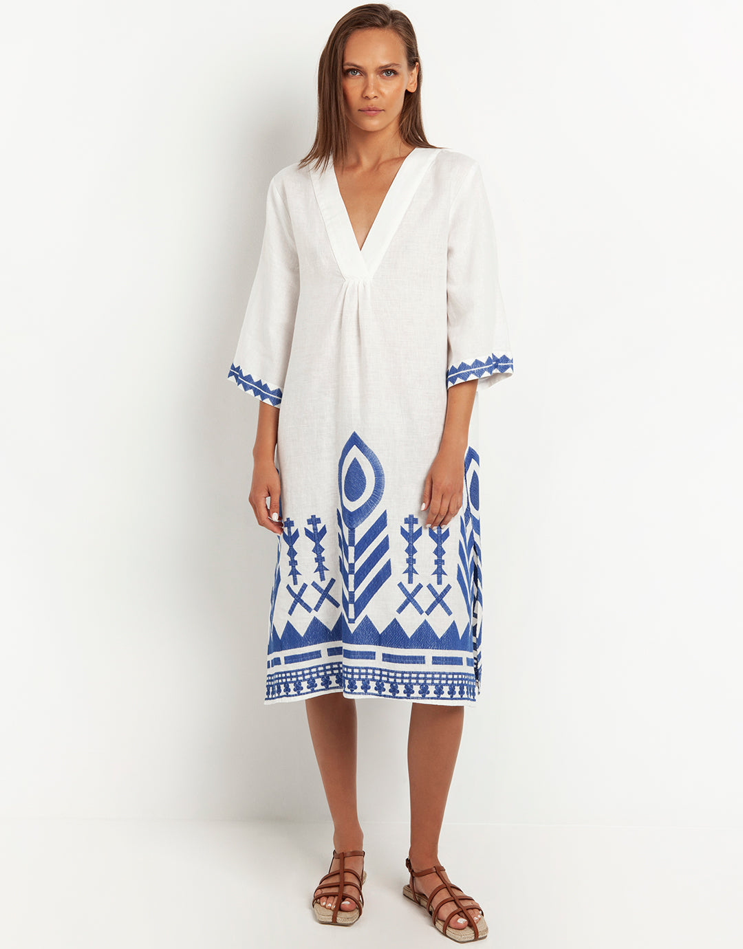 Feather V Neck Midi Kaftan - White and Blue - Simply Beach UK
