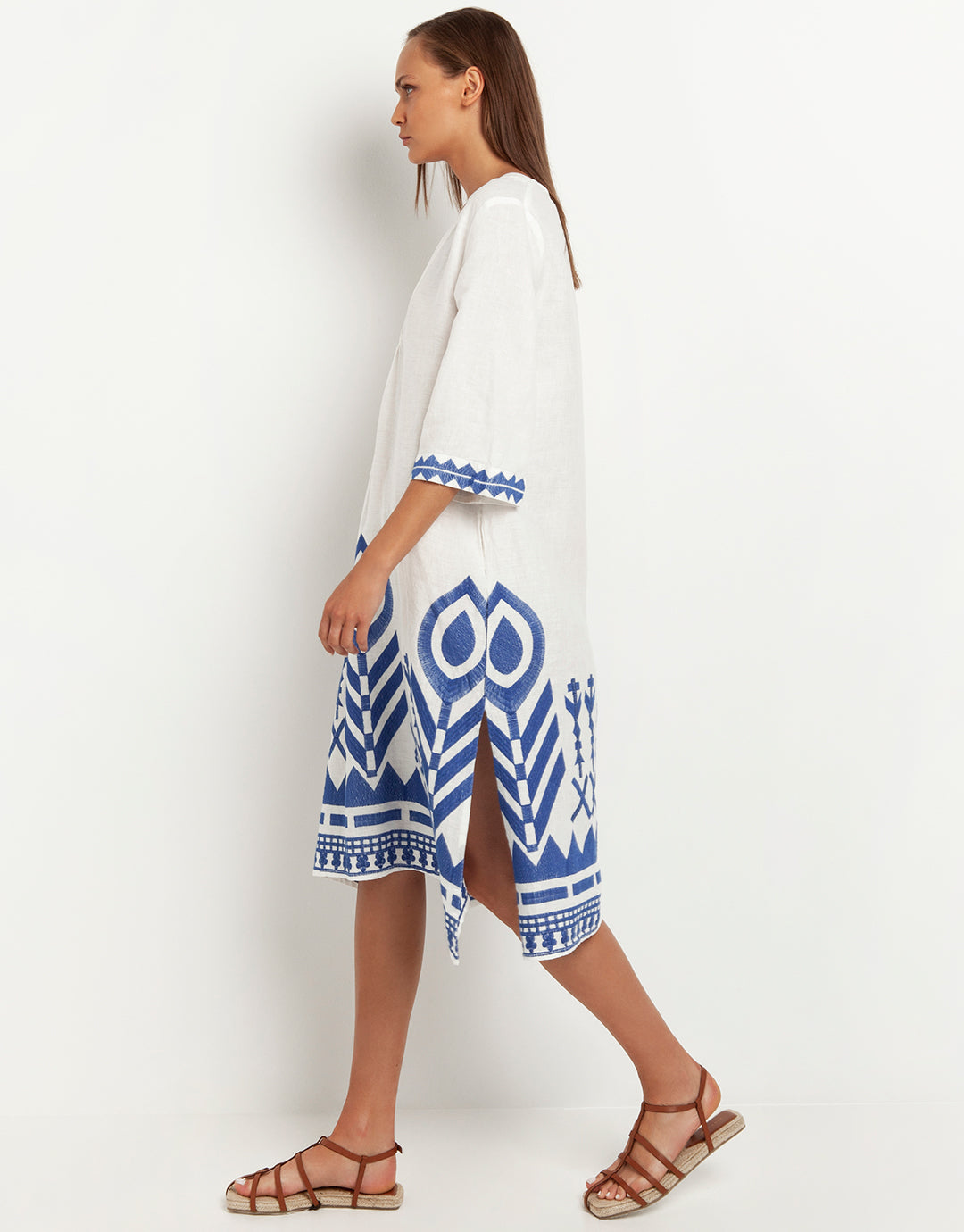 Feather V Neck Midi Kaftan - White and Blue - Simply Beach UK