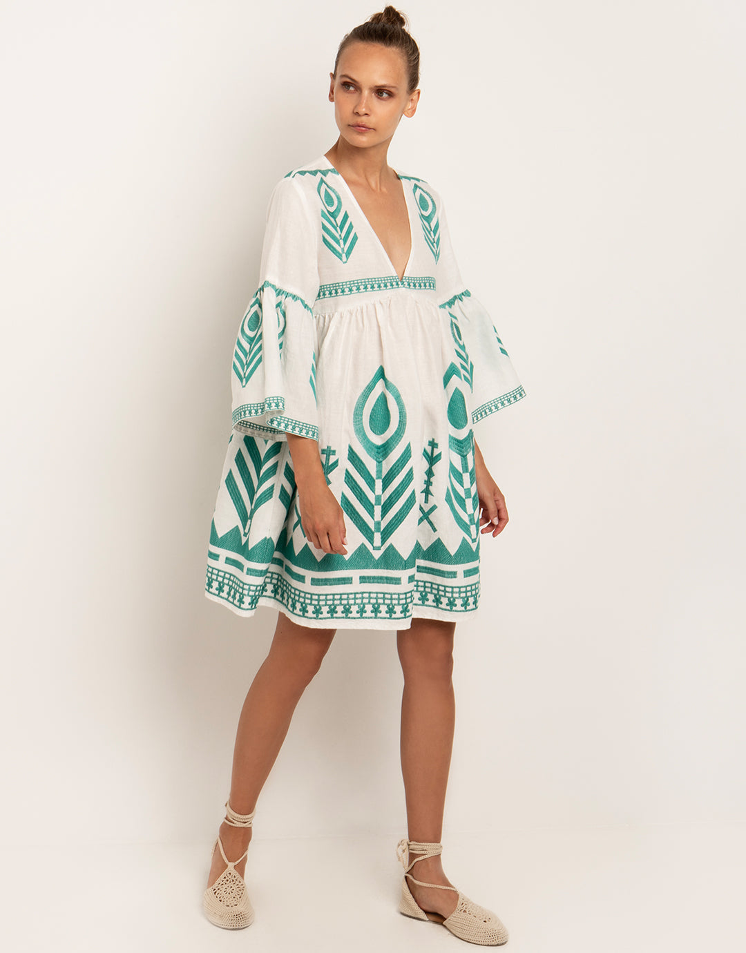Feathers Mini Dress - White and Emerald - Simply Beach UK