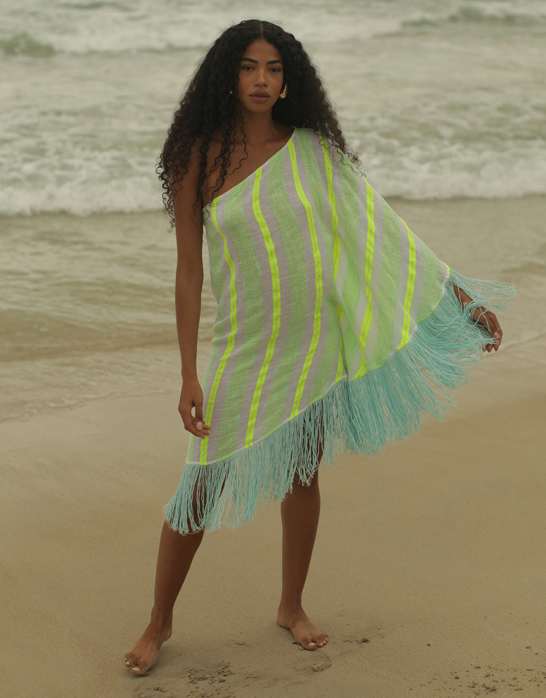 Fringed One Shoulder Kaftan - Neon Yellow - Simply Beach UK