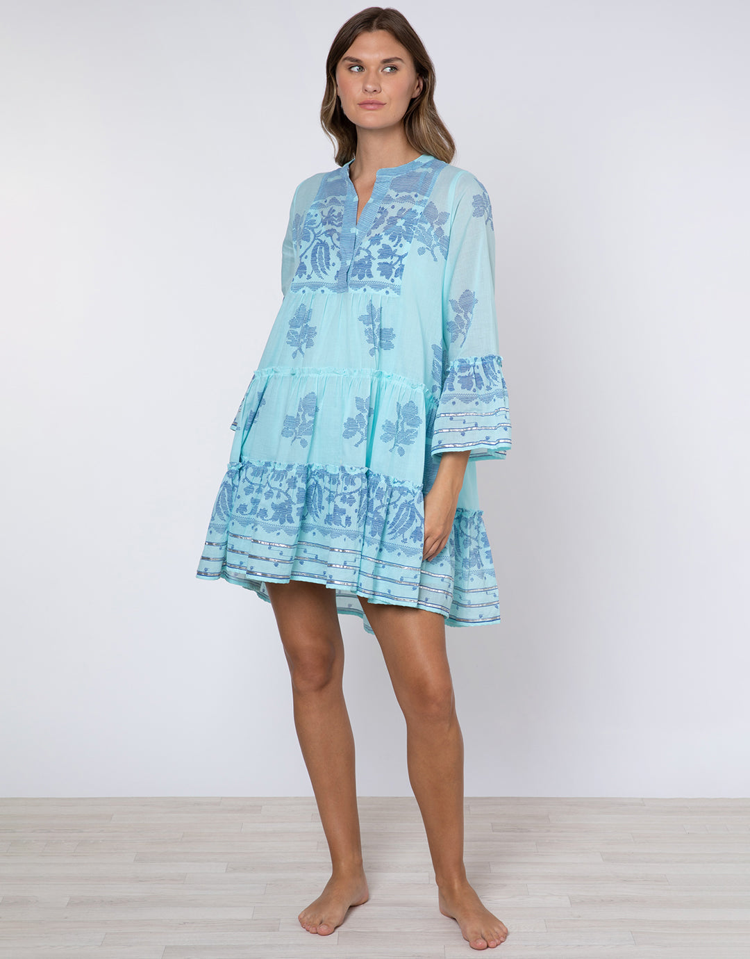 Dhaka Print Flared Sleeve Dress - Blue and Royal Blue - Simply Beach UK