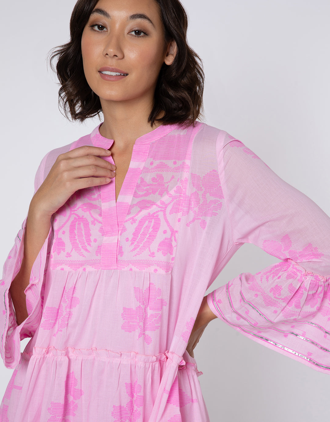 Dhaka Print Flared Sleeve Dress - Pink and Neon Pink - Simply Beach UK