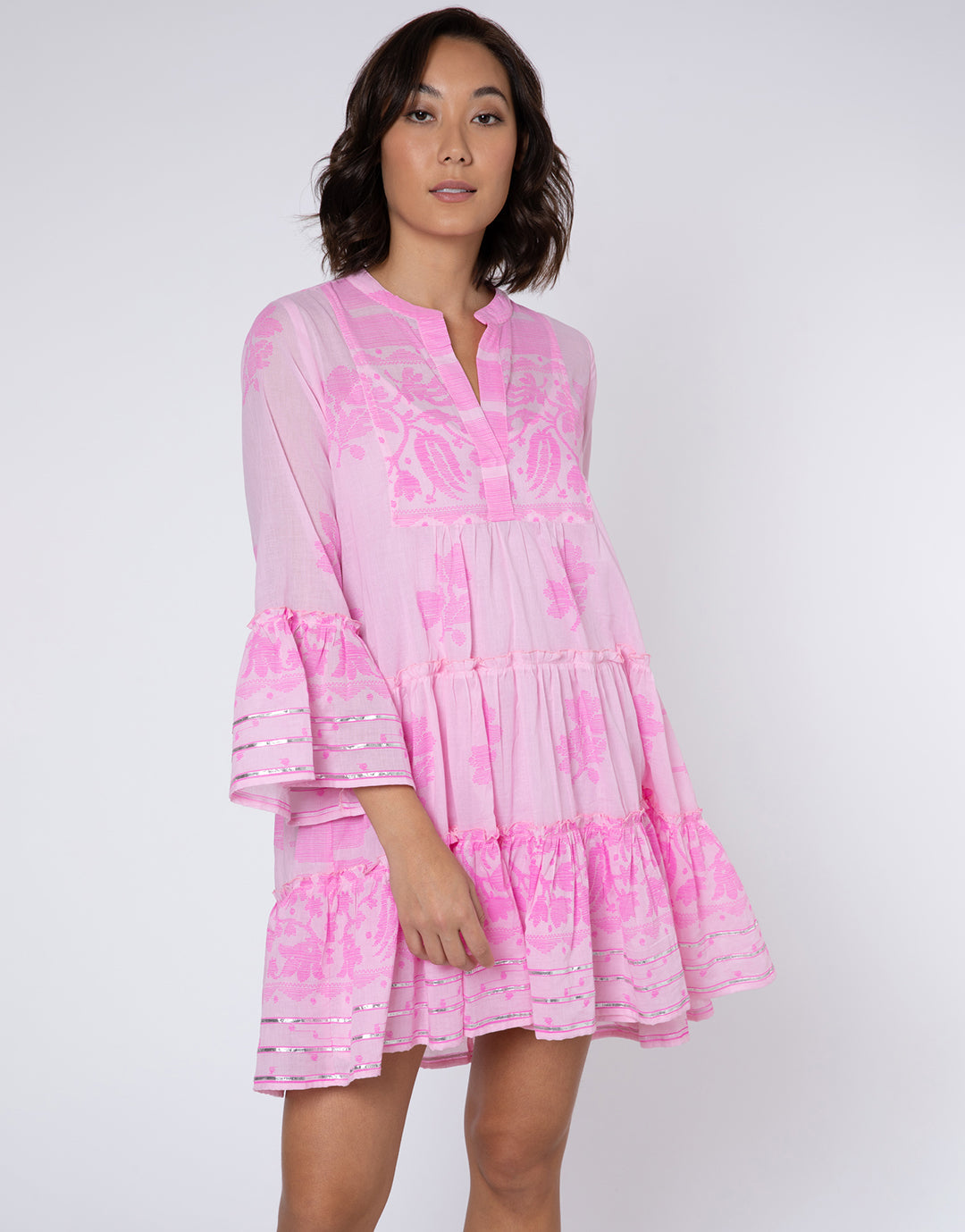 Dhaka Print Flared Sleeve Dress - Pink and Neon Pink - Simply Beach UK