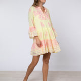 Dhaka Print Flared Sleeve Dress - Yellow and Fuchsia - Simply Beach UK