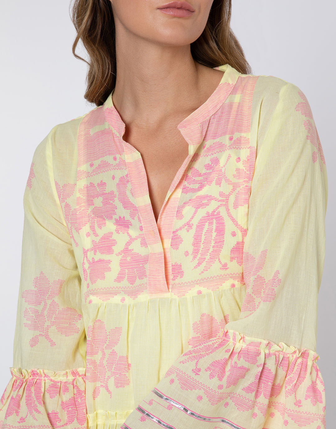 Dhaka Print Flared Sleeve Dress - Yellow and Fuchsia - Simply Beach UK