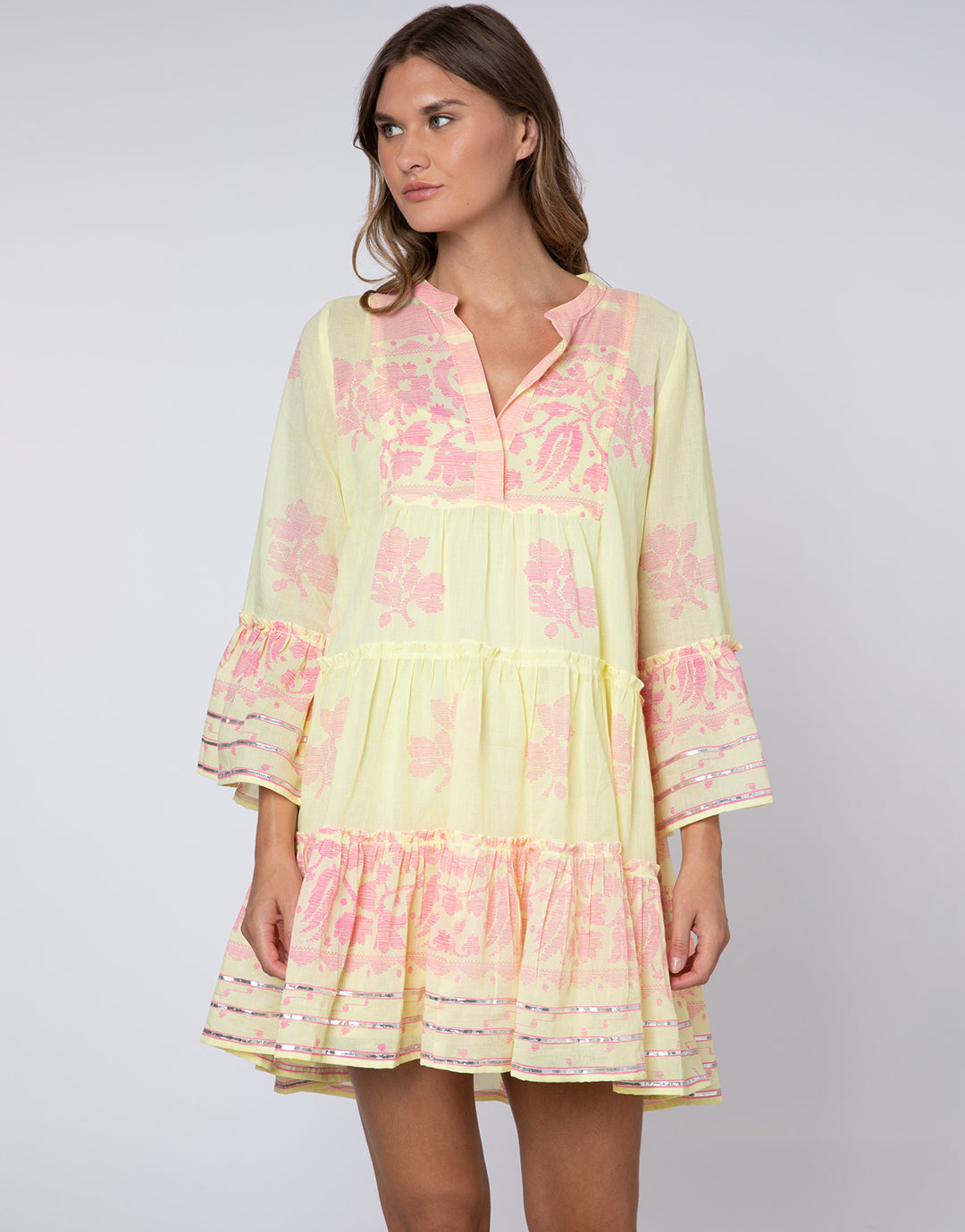 Dhaka Print Flared Sleeve Dress - Yellow and Fuchsia - Simply Beach UK