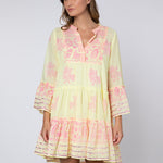 Dhaka Print Flared Sleeve Dress - Yellow and Fuchsia - Simply Beach UK