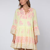 Dhaka Print Flared Sleeve Dress - Yellow and Fuchsia - Simply Beach UK