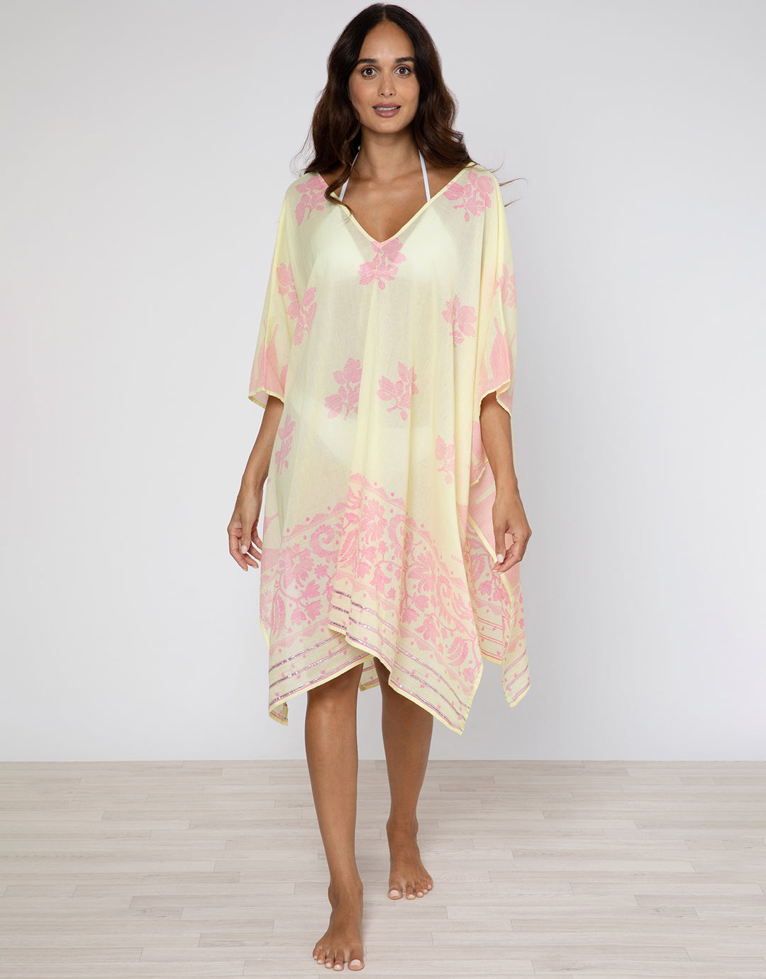 Dhaka Print Poncho - Yellow and Fuchsia - Simply Beach UK