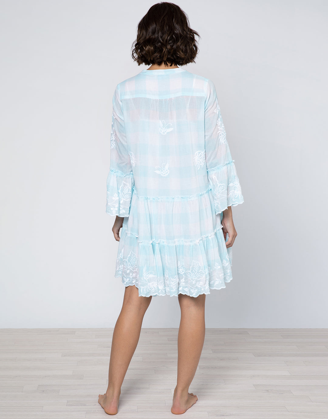 Butterfly Gingham Flared Sleeve Dress - Blue - Simply Beach UK
