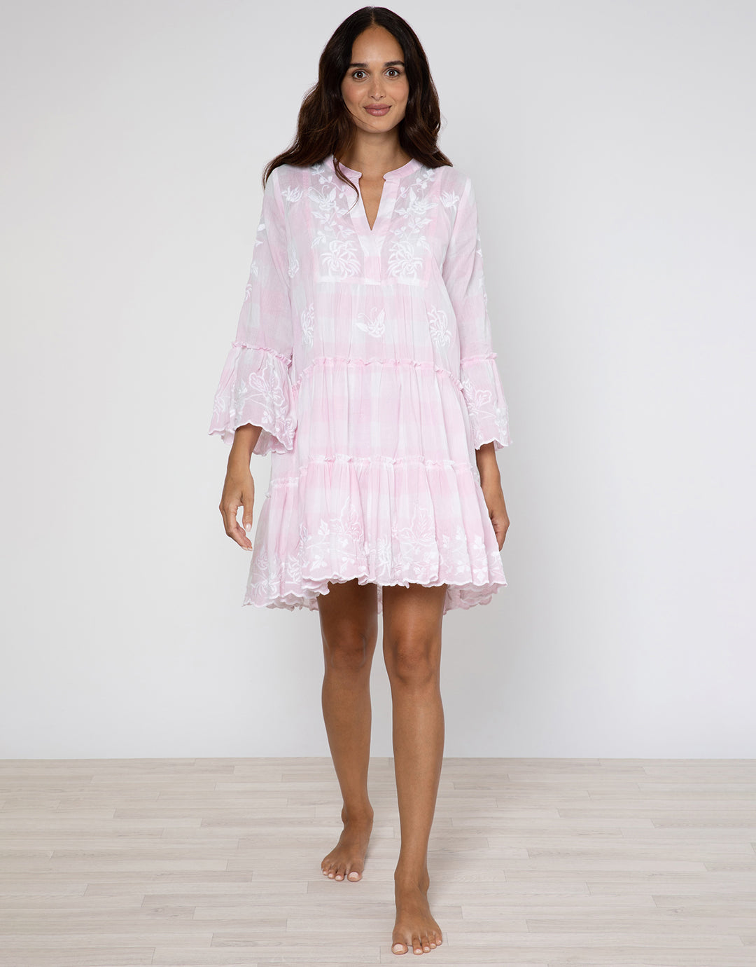 Butterfly Gingham Flared Sleeve Dress - Pink - Simply Beach UK