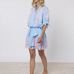 Cotton Blouson Dress with Butterfly Embroidery - Blue and Neon Pink - Simply Beach UK