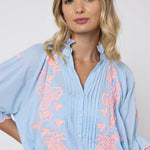 Cotton Blouson Dress with Butterfly Embroidery - Blue and Neon Pink - Simply Beach UK