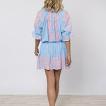 Cotton Blouson Dress with Butterfly Embroidery - Blue and Neon Pink - Simply Beach UK