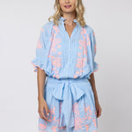 Cotton Blouson Dress with Butterfly Embroidery - Blue and Neon Pink - Simply Beach UK