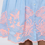 Cotton Blouson Dress with Butterfly Embroidery - Blue and Neon Pink - Simply Beach UK