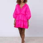 Poplin V-Neck Tiered Mini Dress with Ric-Rac - Indian Pink - Simply Beach UK