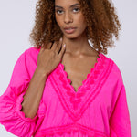 Poplin V-Neck Tiered Mini Dress with Ric-Rac - Indian Pink - Simply Beach UK