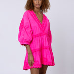 Poplin V-Neck Tiered Mini Dress with Ric-Rac - Indian Pink - Simply Beach UK