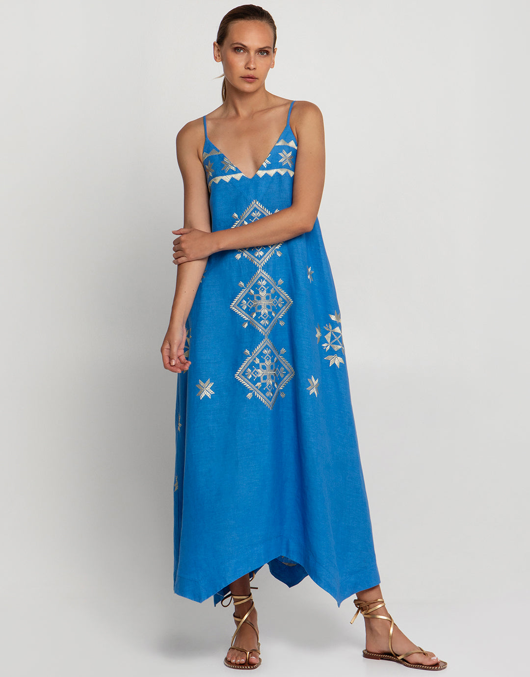 Lefkada Strappy Midi Dress - Blue Raf and Gold - Simply Beach UK