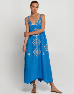 Lefkada Strappy Midi Dress - Blue Raf and Gold - Simply Beach UK