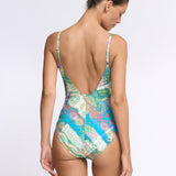 Jacquard Ruched Underwired Swimsuit - Blue Tapestry