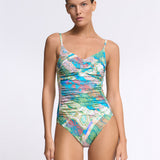 Jacquard Ruched Underwired Swimsuit - Blue Tapestry