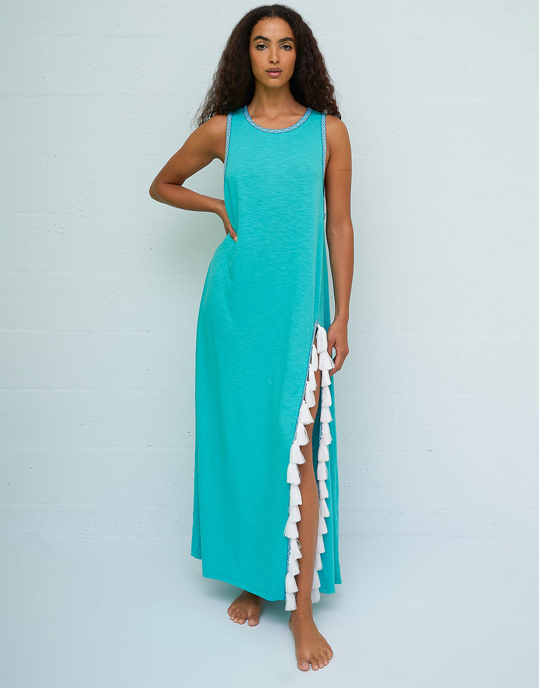 Monochromatic Tassel Slit Dress - Teal - Simply Beach UK
