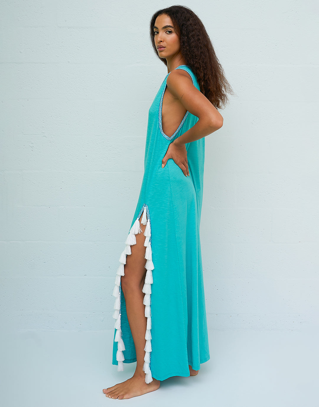 Monochromatic Tassel Slit Dress - Teal - Simply Beach UK