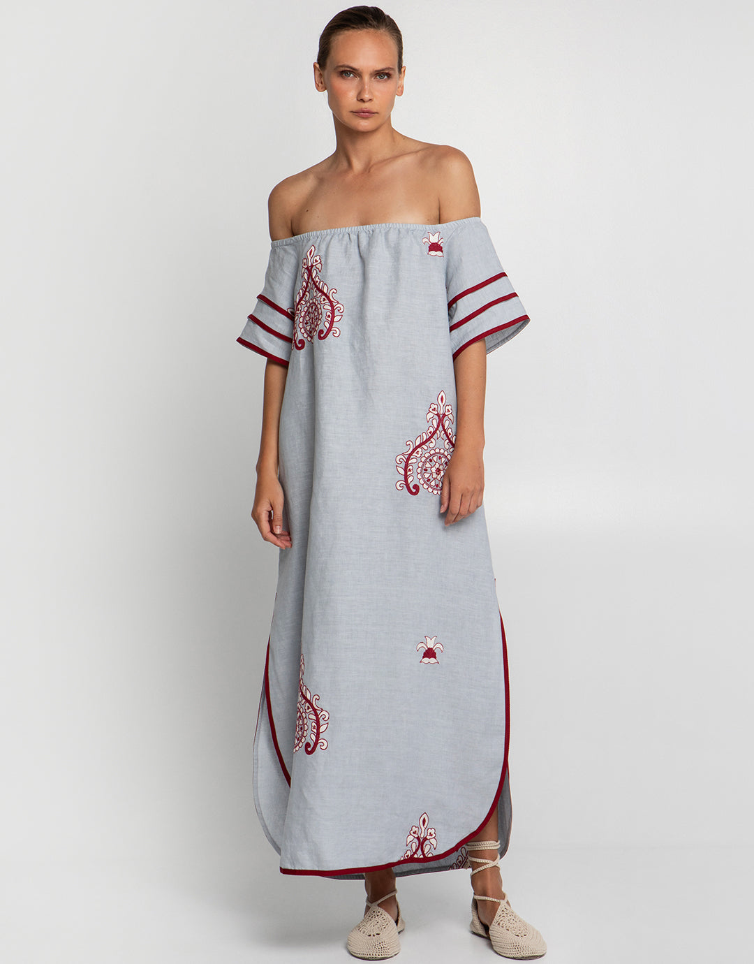 Pithari Off The Shoulder Dress - Light Grey and Wine - Simply Beach UK