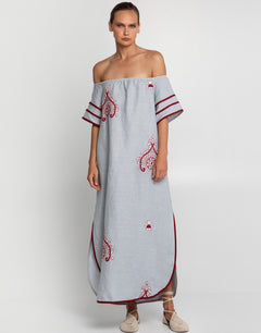 Pithari Off The Shoulder Dress - Light Grey and Wine - Simply Beach UK