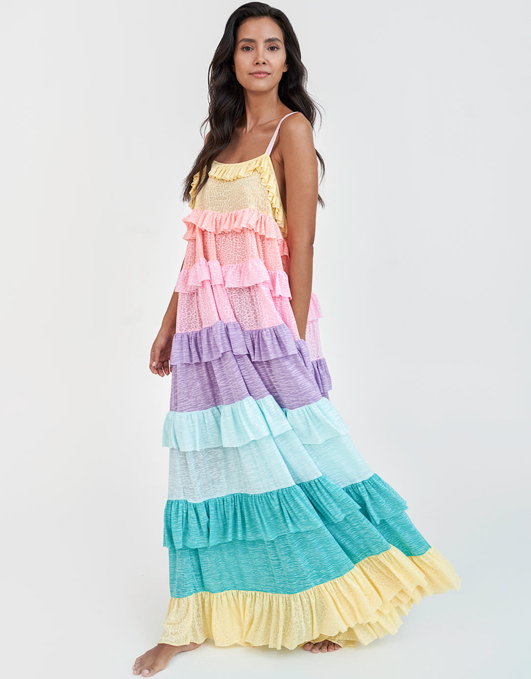 Rainbow Ruffle Tiered Dress - Pastels - Simply Beach UK