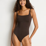 Scalloped Square Neck Bralette Swimsuit - Espresso