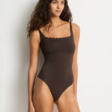 Scalloped Square Neck Bralette Swimsuit - Espresso