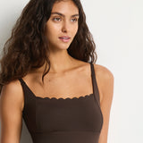 Scalloped Square Neck Bralette Swimsuit - Espresso