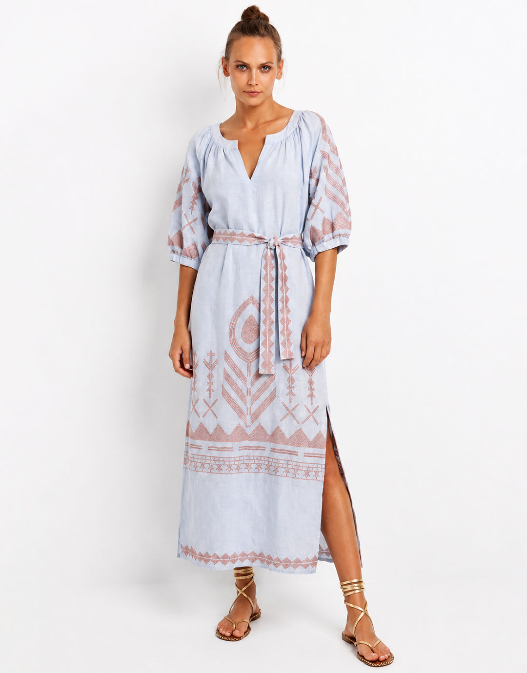 Greek Archaic Kori Feather Kaftan Dress - Light Grey and Pink Bronze - Simply Beach UK