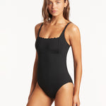 Scallop Square Neck Swimsuit - Black - Simply Beach UK